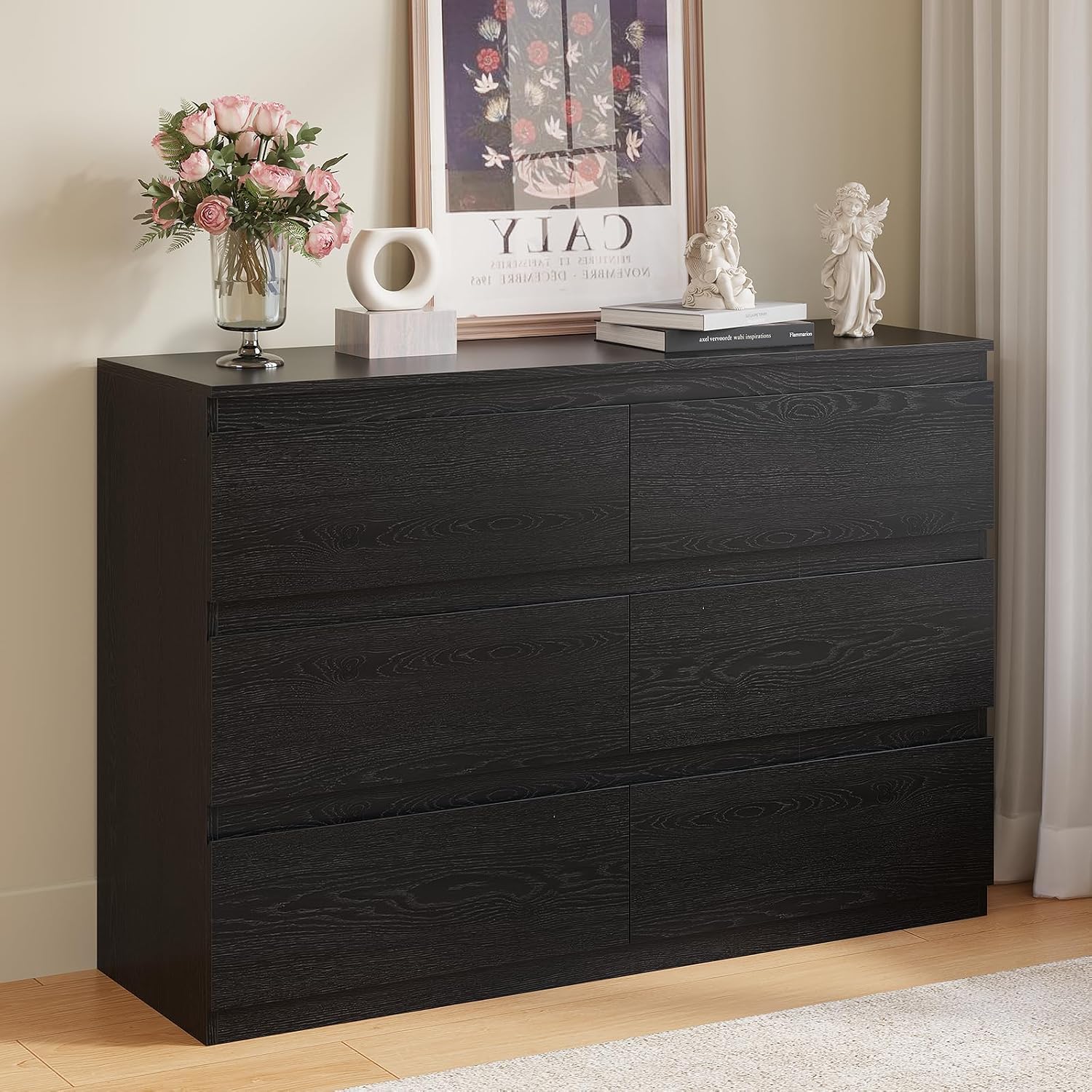 OtterOasis Black Wood Dresser, 6 Drawer Dressers for Clothes Storage for Bedroom, Modern Dresser with Wide Drawers, Wide Wooden Chest Drawers for Living Room|Entryway|TV Stand(47' W x15.4 Dx32.3 H)