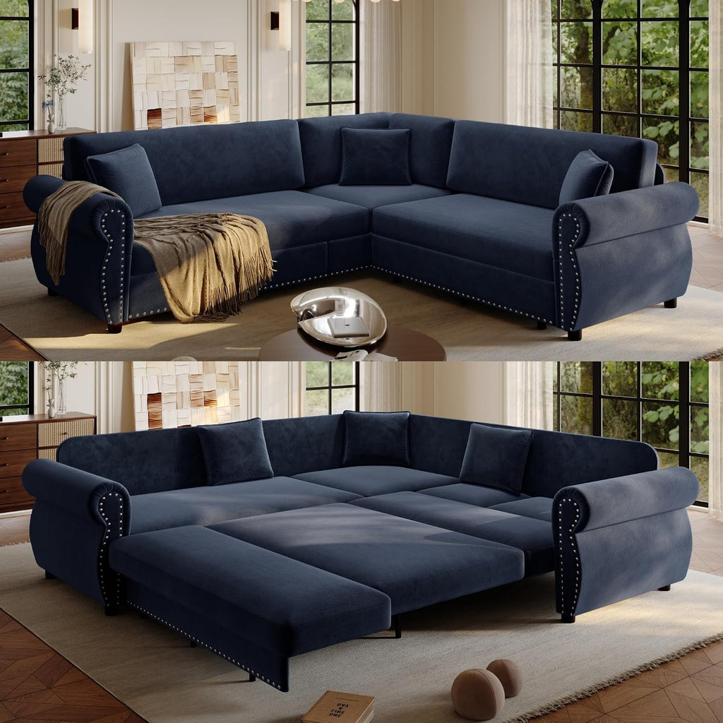 88.2' Sectional Sleeper Sofa with Pull Out Bed - Oversize L-Shaped Convertible Sleeper Couch Bed, Button Tufted Chesterfield Sofa, Chenille Vintage Couches for Living Room/Apartment(4-Seater, Blue)