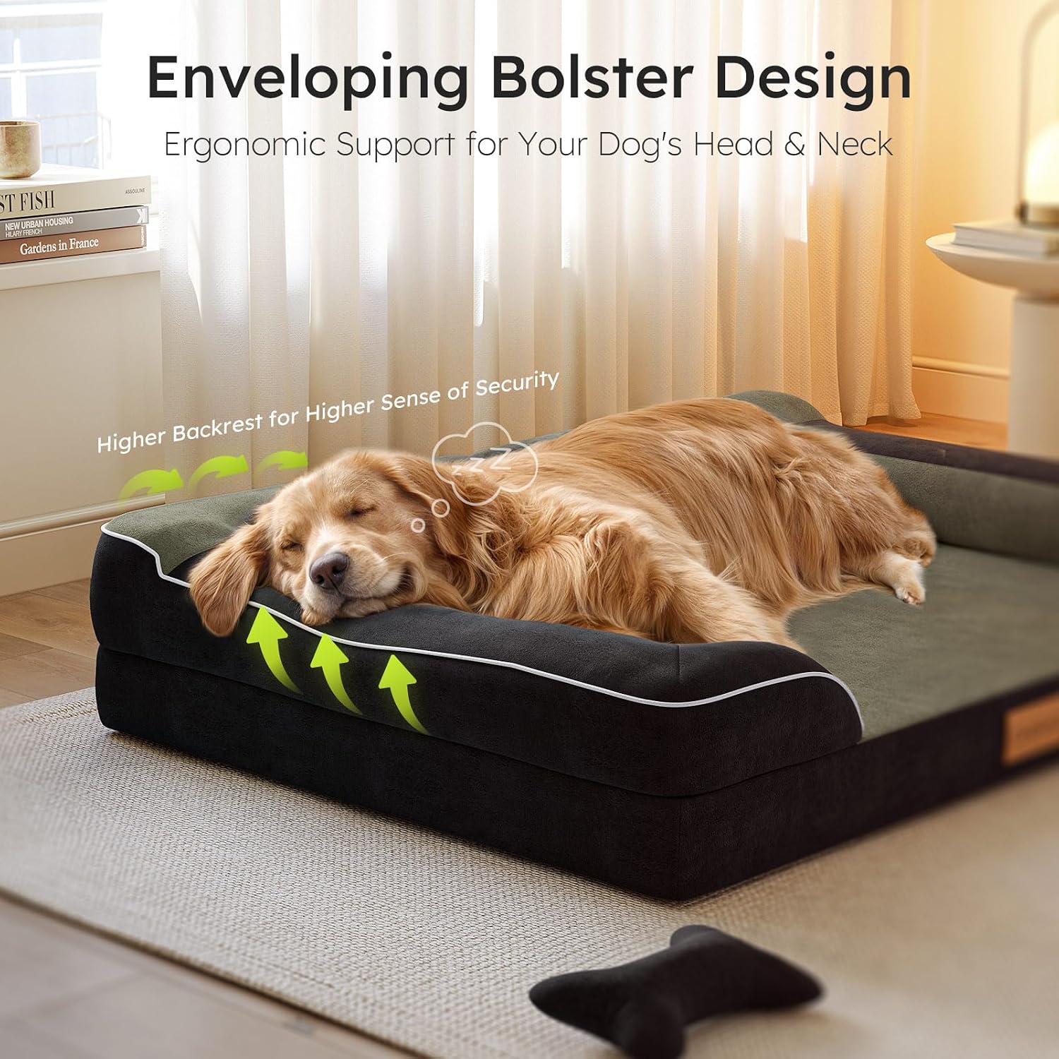 CWAWZ XXL Dog Bed for Extra Large Dogs, Giant Orthopedic Dog Bed with Cooling Gel Memory Foam, Waterproof Pet Bed with Removable Washable Cover, 53' Pet Sofa Bed Dutch Velvet with Bone Toy, Black