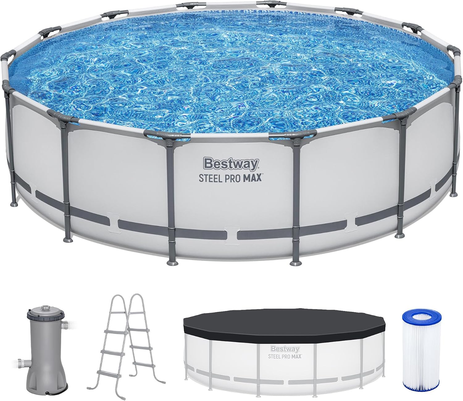Bestway Steel Pro MAX 14' x 42' Above Ground Pool, Round Metal Frame Outdoor Swimming Pool Set with Filter Pump, Ladder, and Cover, Gray