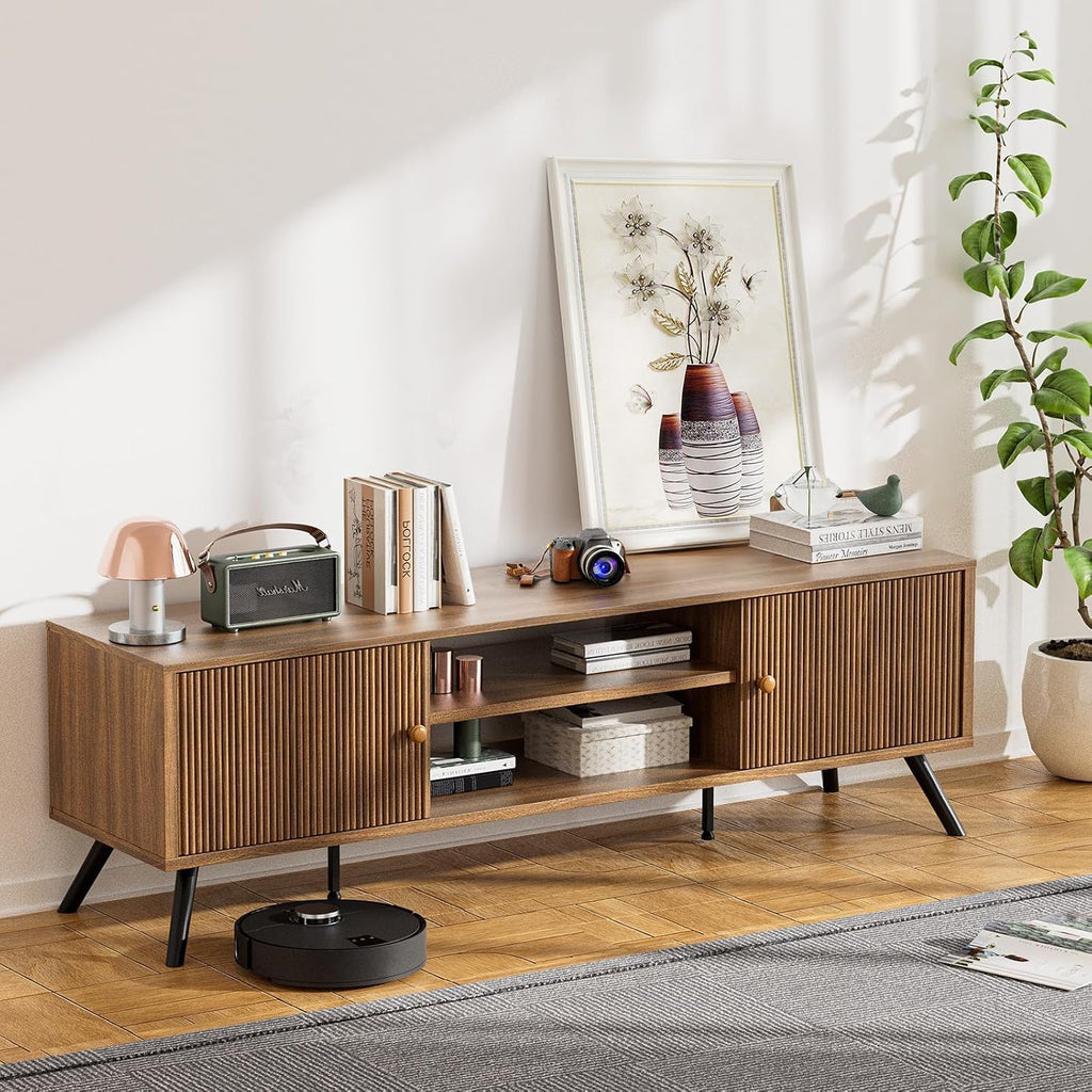 COMHOMA TV Stand for Living Room, Mid Century Modern Entertainment Center for 55/60/65 Inch TVs, Retro Brown TV Console with Fluted Door Cabinets and Open Adjustable Shelve Storage for Bedroom (59In)