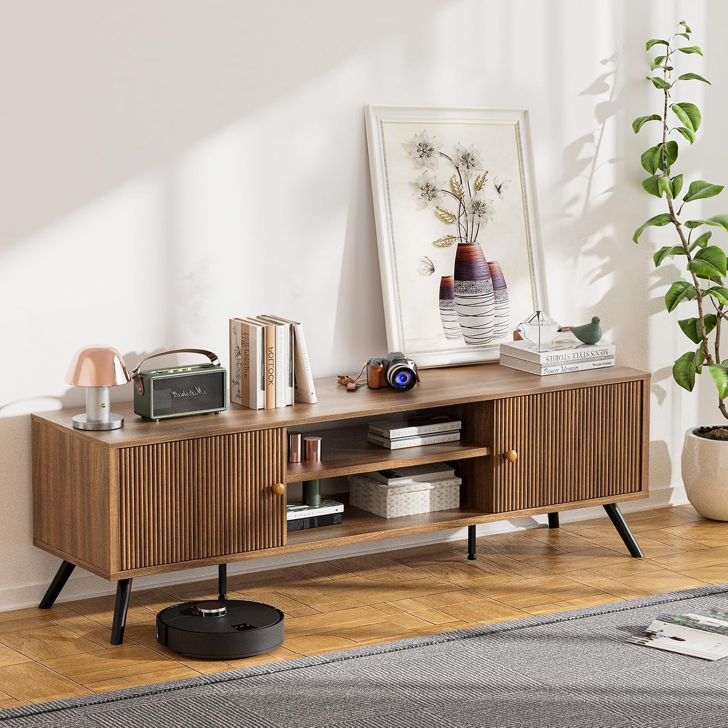 COMHOMA TV Stand for Living Room, Mid Century Modern Entertainment Center for 55/60/65 Inch TVs, Retro Brown TV Console with Fluted Door Cabinets and Open Adjustable Shelve Storage for Bedroom (59In)