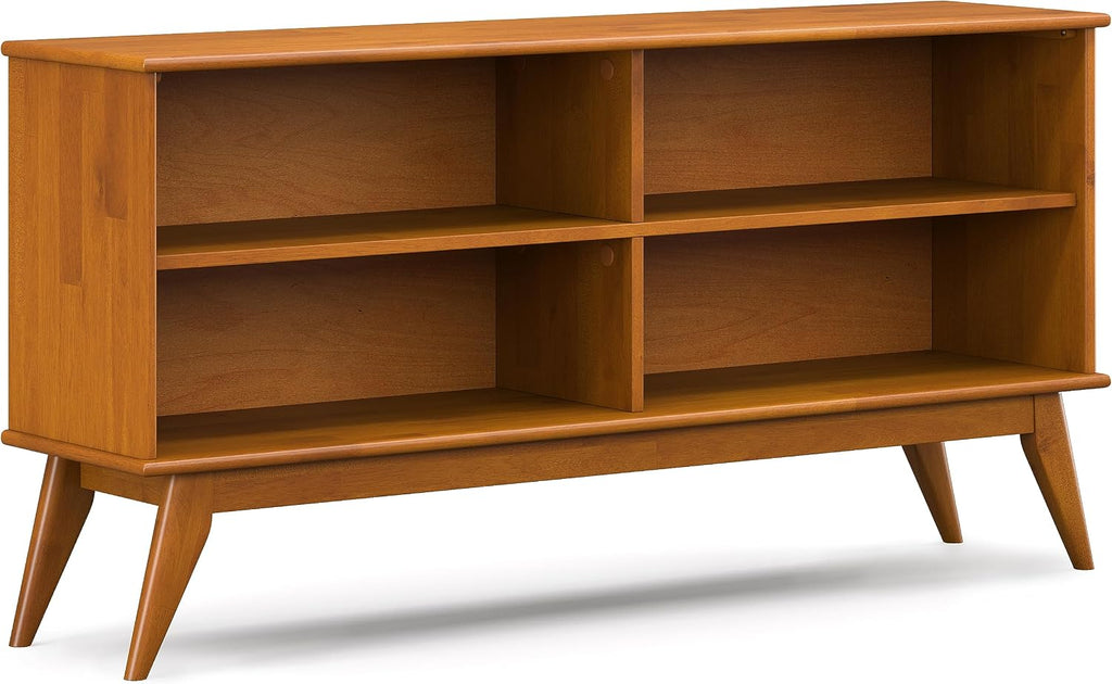SIMPLIHOME Draper Bookcase - 30 inch Tall Solid Wood Low Bookshelf in Teak Brown, Mid-Century Modern Storage for Living Room, Study Room or Office with Tapered Legs and Wide Open Shelves