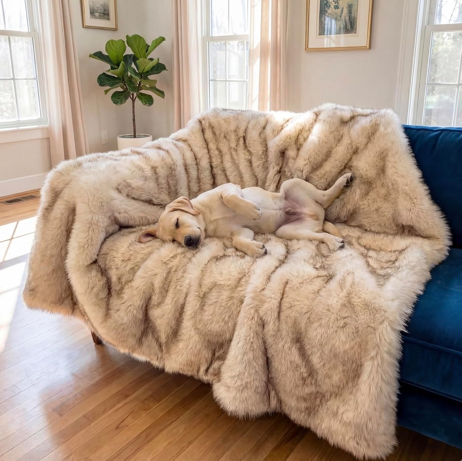IHAPPYDOG Waterproof Faux Fur Dog Blanket – Pet Throw & Couch Protector for Sofa, Bed, Furniture – Plush Pup Cover for Small Medium Large Dogs – Machine Washable – White w/Brown Tips – 80' x 60'