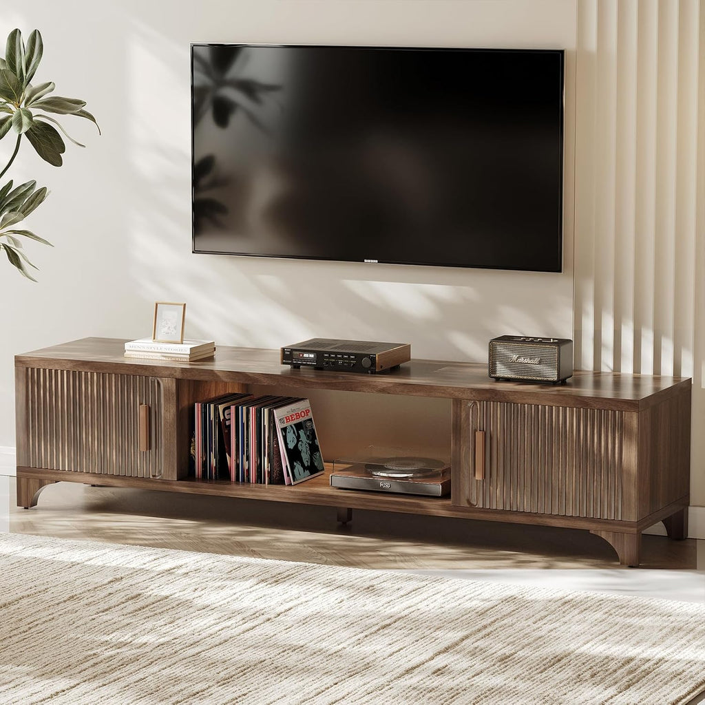 Mid Century Modern TV Stands for 65/70/75 Inch TV, Boho Media Console for Living Room, Fluted TV Entertainment Center with Storage, Wood Television Cabinet for Bedroom