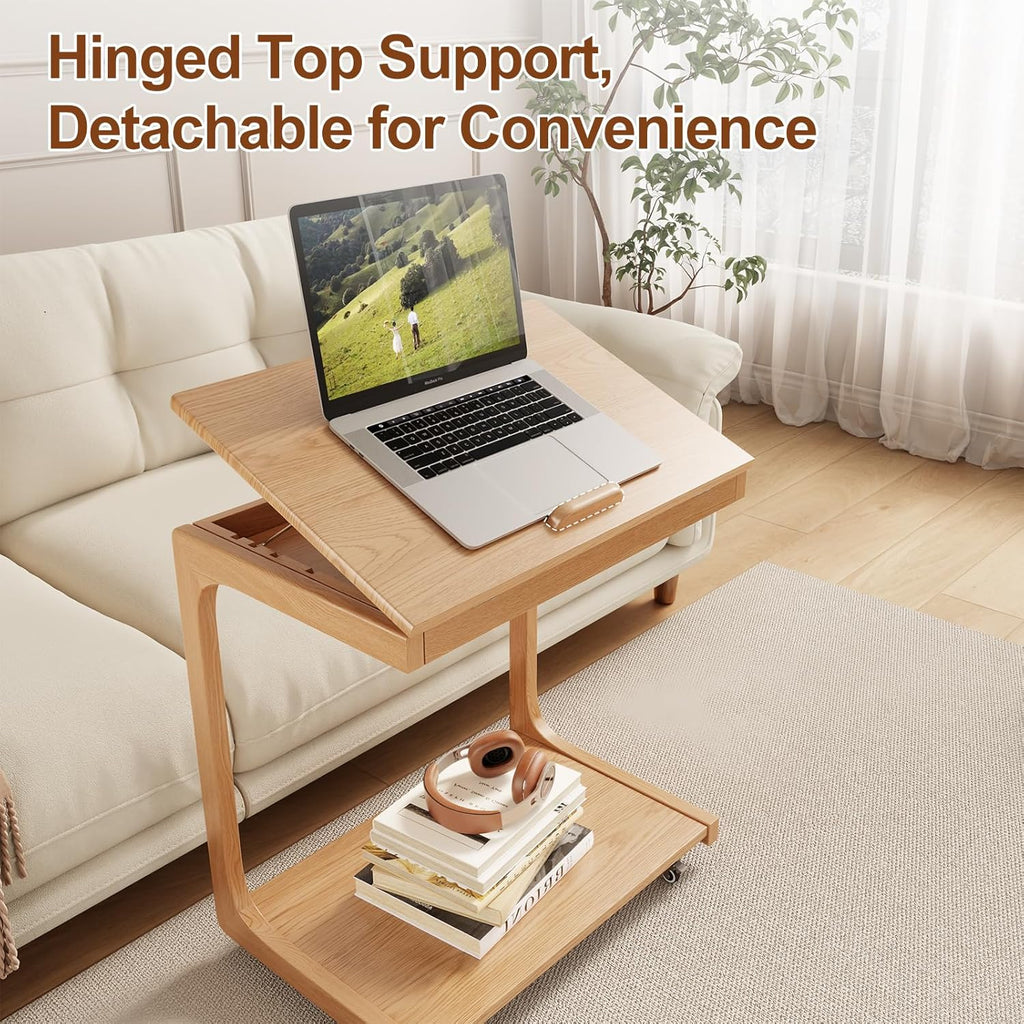 AQIMUELE Wooden C-Shaped End Table,Couch Table with Adjustable Desktop,Small Rolling Side Table with 2 Lockable Wheels 23.6' Width,Small End Table for Couch, Living Room,Bedroom (Natural)