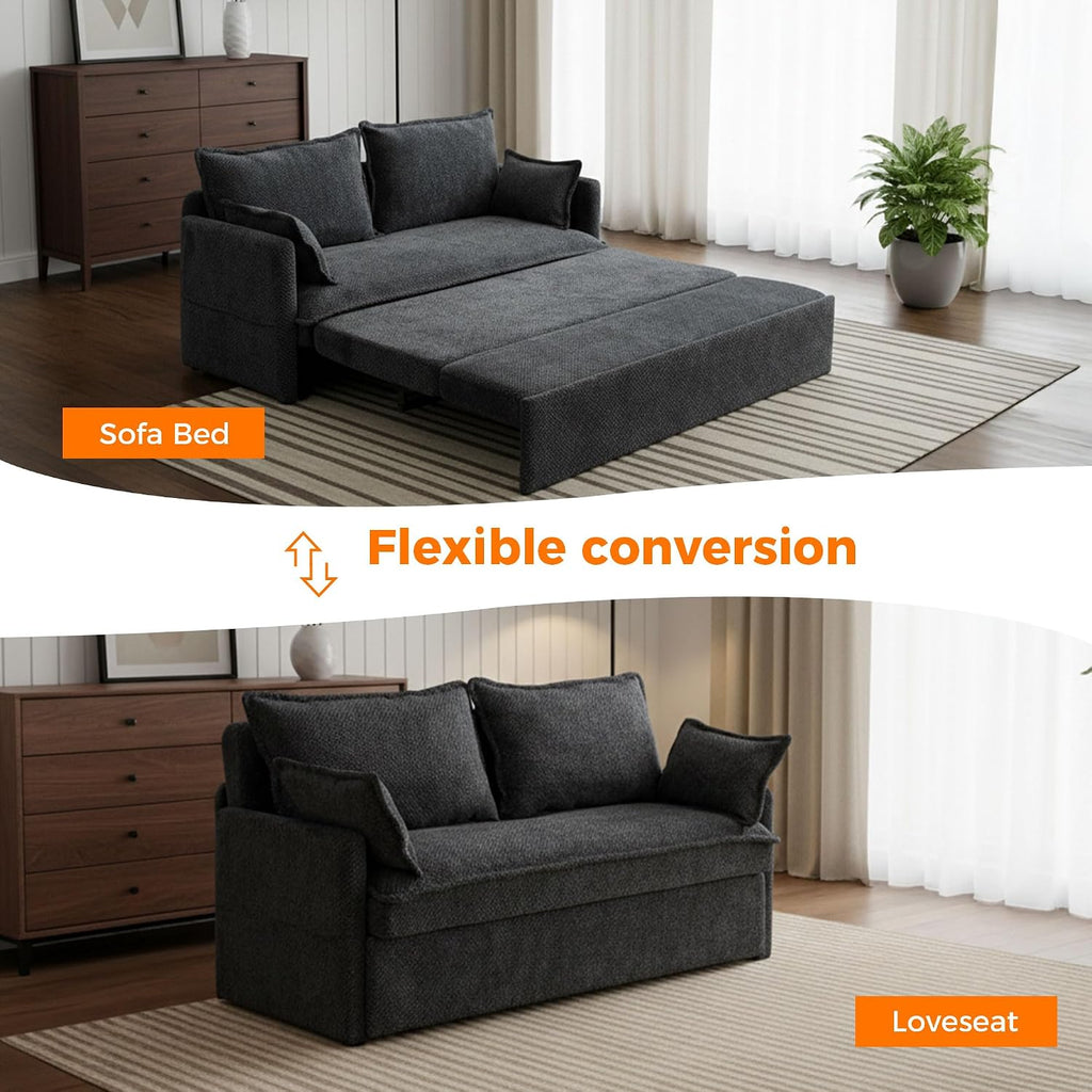 2 in 1 Queen Size Sofa Bed, 59.5' Convertible Sofa with USB/C-Type Ports, Corduroy Sleeper Sofa with Side Pockets, Loveseat Chaise for Small Spaces, Living Room & Bedroom (Grey)