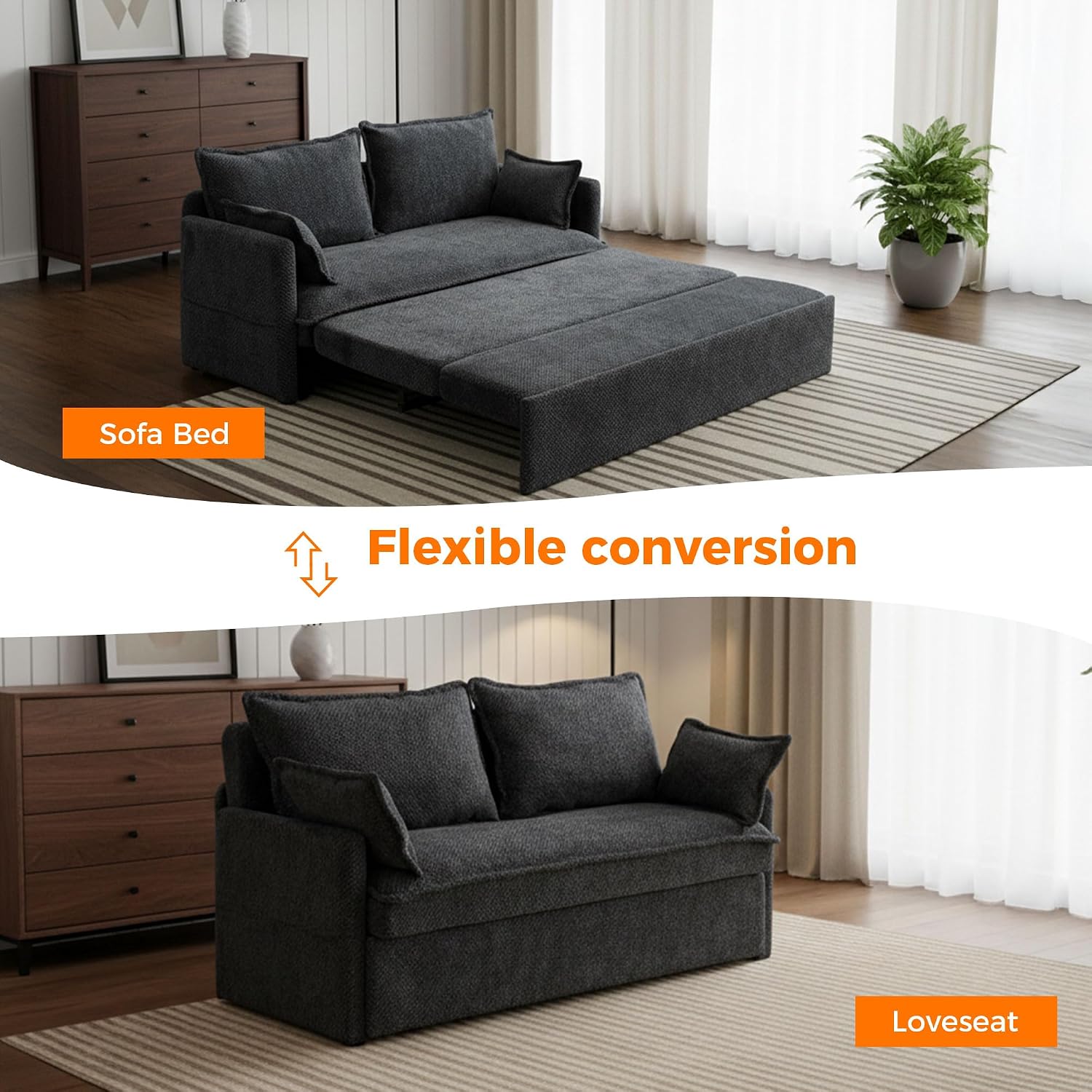 2 in 1 Queen Size Sofa Bed, 59.5' Convertible Sofa with USB/C-Type Ports, Corduroy Sleeper Sofa with Side Pockets, Loveseat Chaise for Small Spaces, Living Room & Bedroom (Grey)