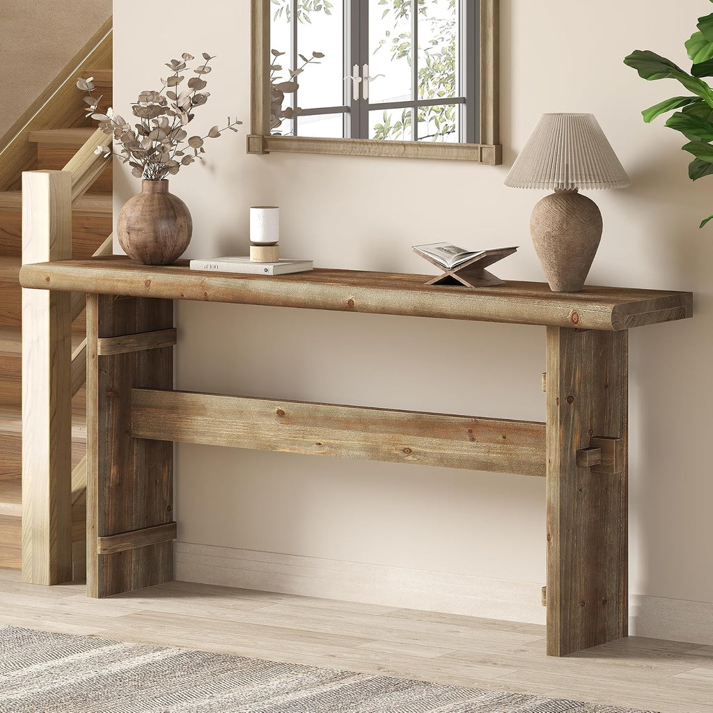 TRIBEWOOD 63-Inch Solid Wood Console Table for Entryway, Narrow Long Farmhouse Sofa Table Behind Couch, for Foyer, Hallway, Living Room, Easy Asswmbly, Brown Greige