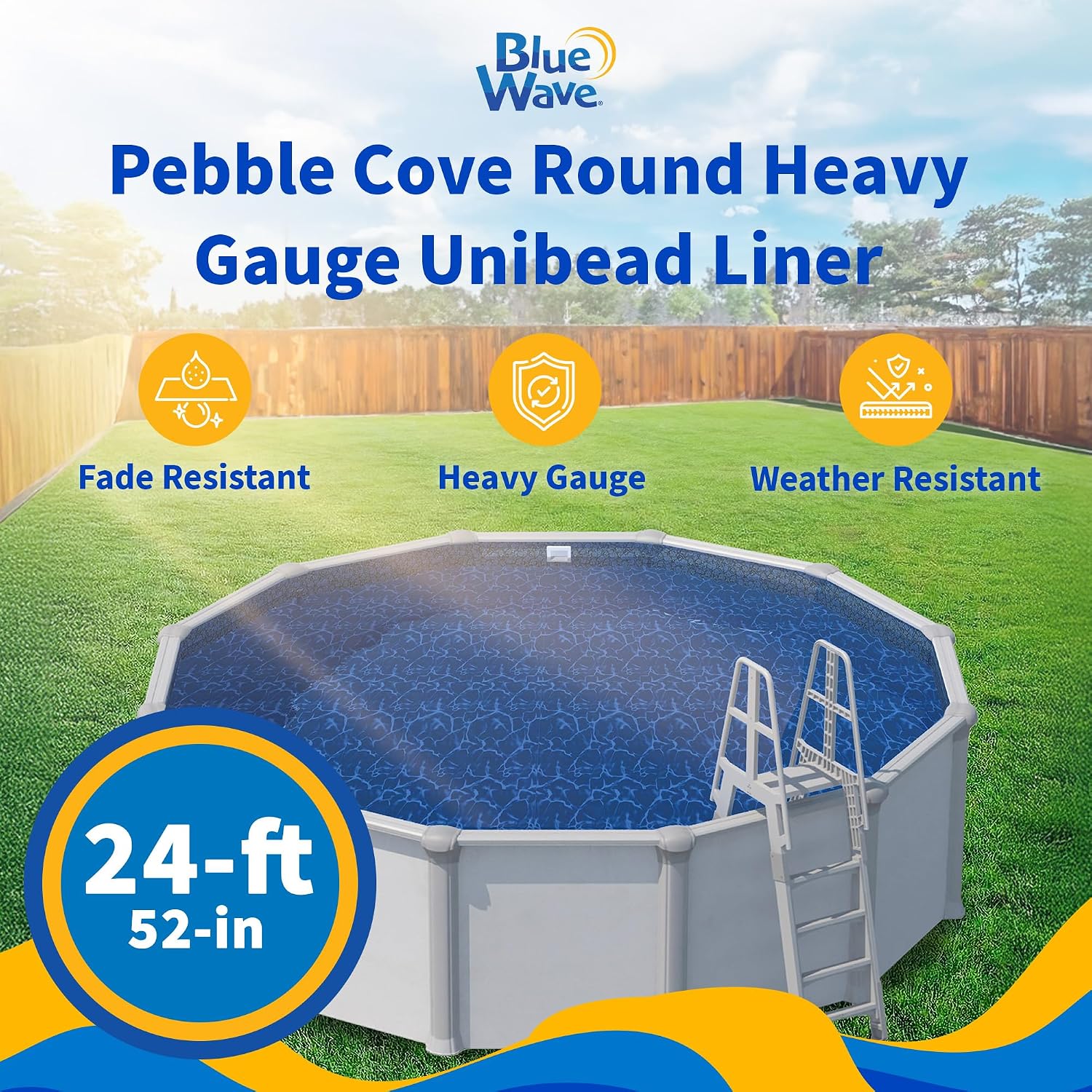 Blue Wave Pebble 24 Ft Round Pool Liner for Above Ground Pools – Weather Resistant Heavy Gauge Vinyl with Unibead Design & Welded Seams – Blue, Fits 52-in Deep Walls
