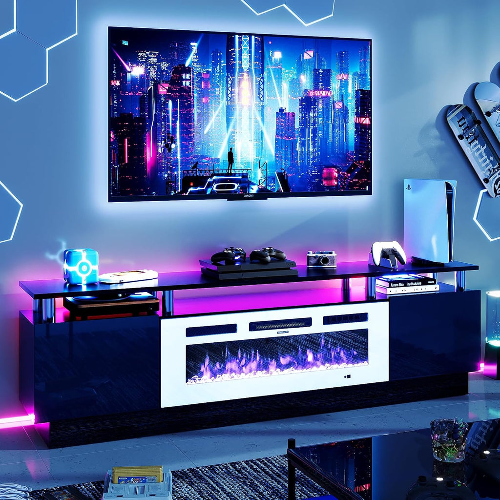 MXV 70' Fireplace TV Stand, Modern Entertainment Center & 36 Inch Electric Fireplace with Remote Control, LED Light, Fire Place Tv Stand for Living Room for TVs up to 80', Black + White