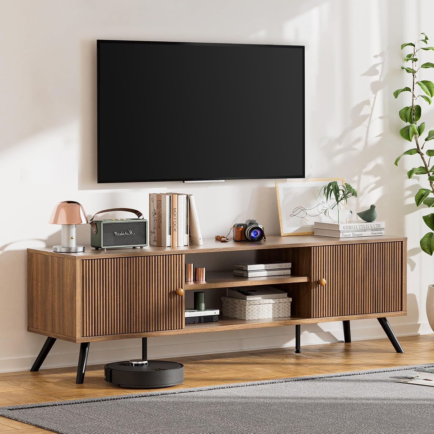 COMHOMA TV Stand for Living Room, Mid Century Modern Entertainment Center for 55/60/65 Inch TVs, Retro Brown TV Console with Fluted Door Cabinets and Open Adjustable Shelve Storage for Bedroom (59In)