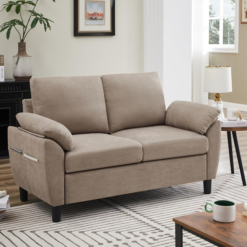 Loveseat Sofa, 57' Love Seat, Comfy Small Loveseat, Small Couch for Bedroom, Linen Fabric Couches for Living Room, Bedroom, Beige
