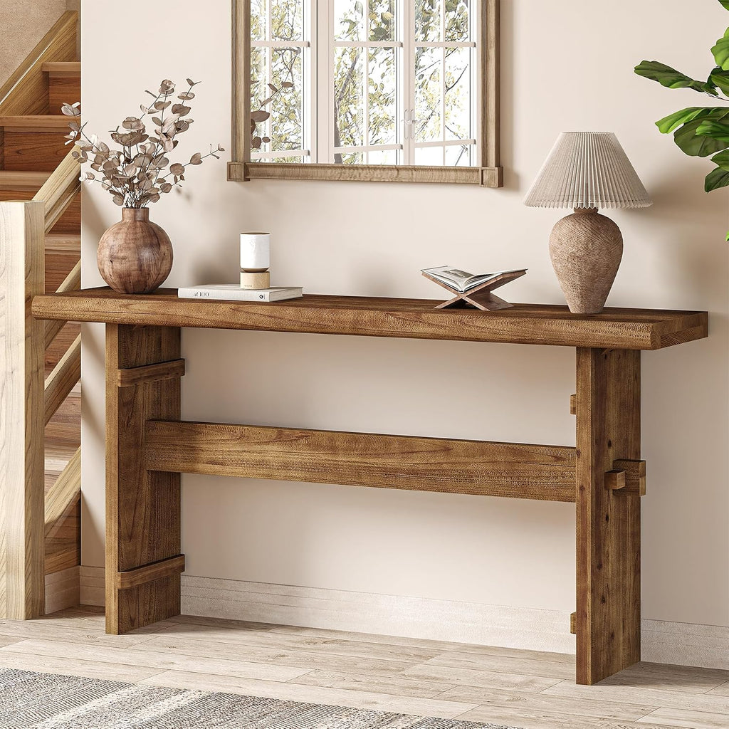 TRIBEWOOD 63-Inch Solid Wood Console Table for Entryway, Narrow Long Farmhouse Sofa Table Behind Couch, for Foyer, Hallway, Living Room, Easy Asswmbly, Brown