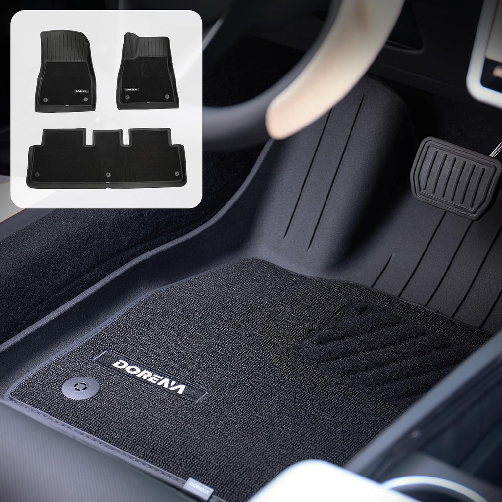 DORENA Floor Mats with Carpets for 2024 2025 2026 Tesla Model 3 Highland Double Layer All Weather TPE Removable Floor Liners Set of 6 (Black)