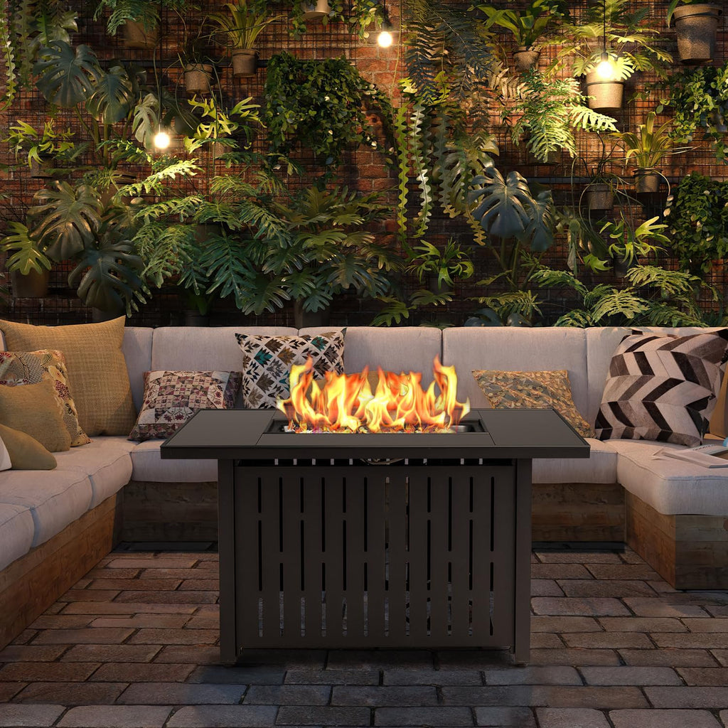 Greesum 44' Propane Gas Fire Pit Table 50,000 BTU Outdoor Rectangular FirePit with Lid, Rain Cover for Outside Garden Backyard Deck Patio, Black