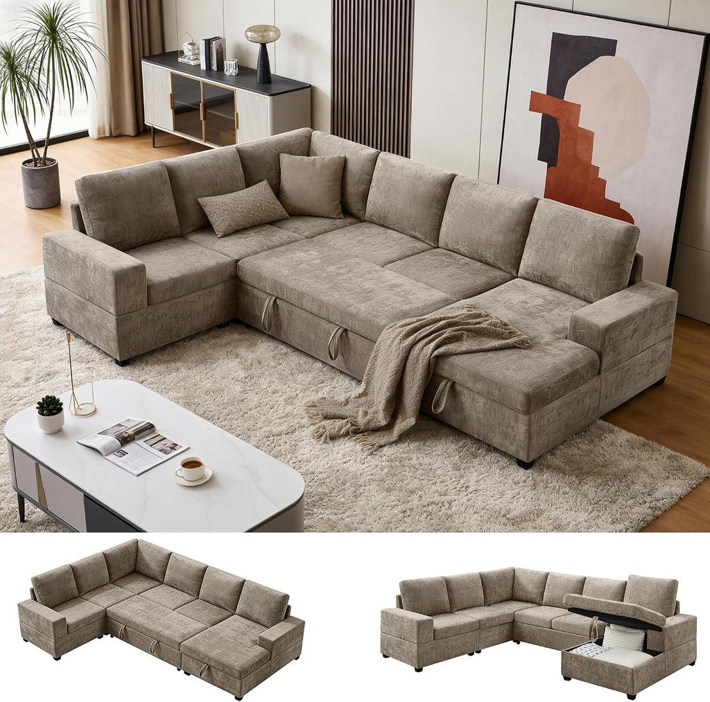 VANOMi 119 Inch Sectional Sleeper Sofa with Storage, 7 Seats Sofas & Couches with Pull Out Bed Chenille Modular Sectional Sofa for Living Room, Apartment, Camel | with Storage, with Pull Out Bed, with Chaise