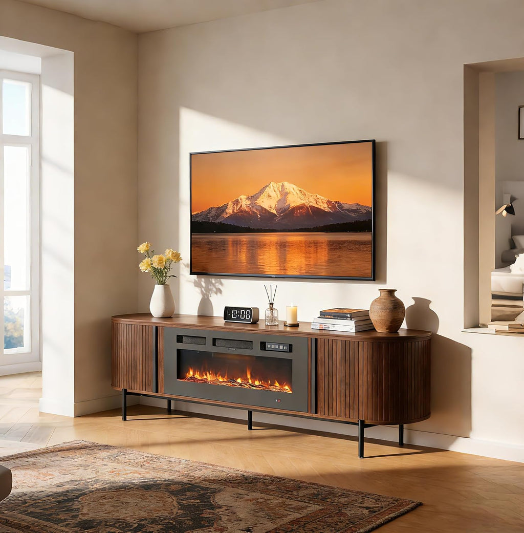 Luxury 70' Fluted TV Stand with Fireplace, Modern Chic Entertainment Center for TVs Up to 80', TV Console for Living Room, Media Cabinet with Storage,70 Inch, Brown