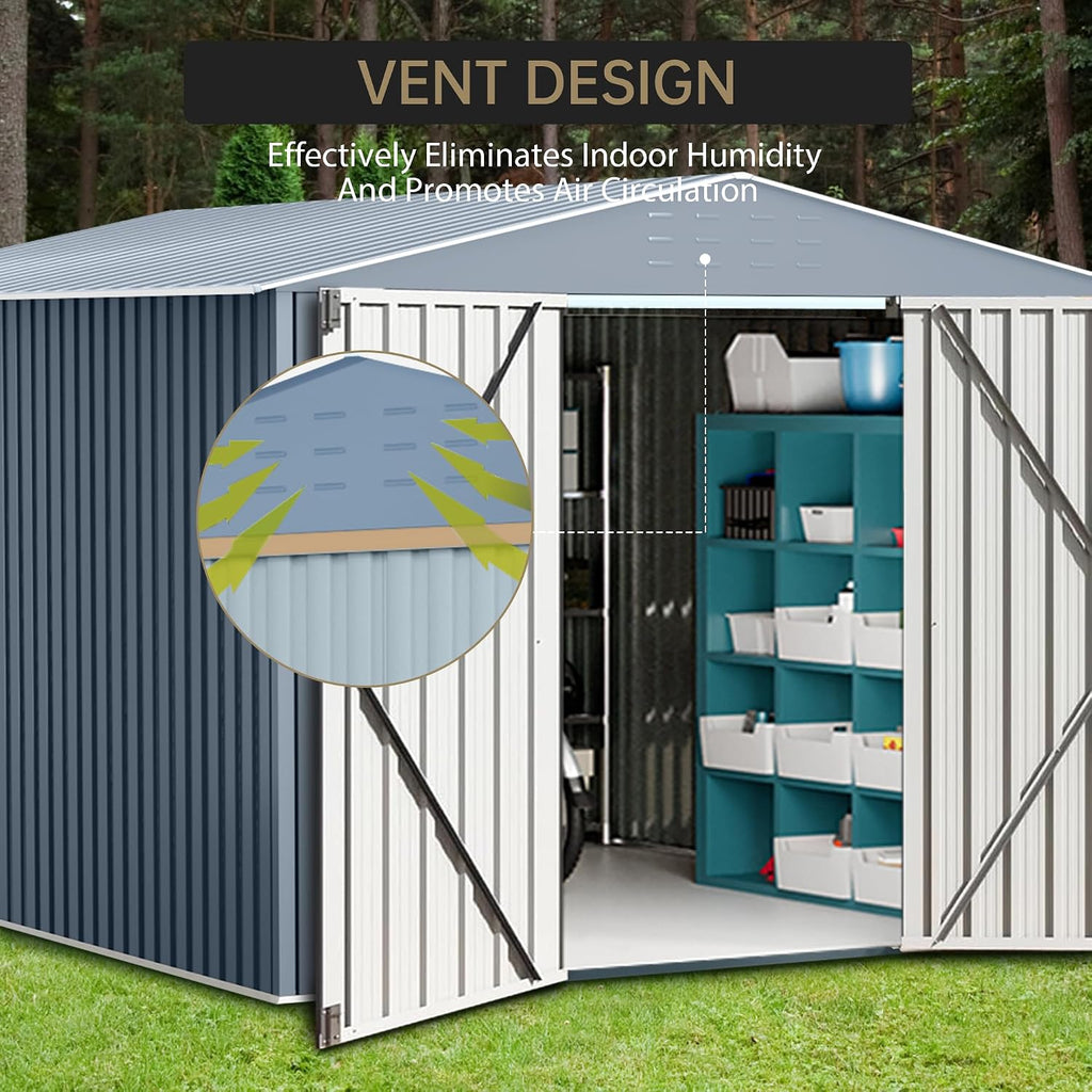 Outdoor Storage Shed,10x10 FT Large Garden Shed,Large Metal Tool Sheds with Sloping Roof and Vents,Updated Reinforced and Lockable Doors Frame Metal Storage Shed for Patio for Backyard,Patio,Garage