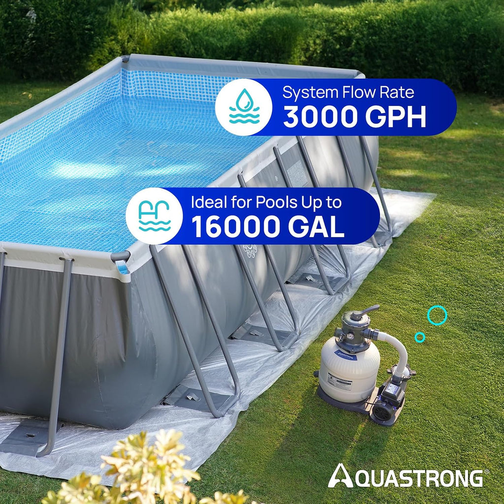 AQUASTRONG Sand Filter Pump for Above Ground Pool, Pool Pumps Above Ground with Timer, Pool Sand Filter with 6-Way Valve,Improved Circulation and Filtration,16in, up to 16000 Gallons