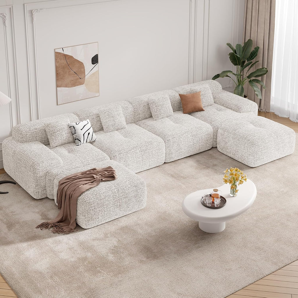 158' U Shaped Boneless Couches for Living Room, 6 Seater Modern Chenille Cloud Couch, Convertible Modular Sectional Sofa Set, No Assembly Required, Beige 1 PCS