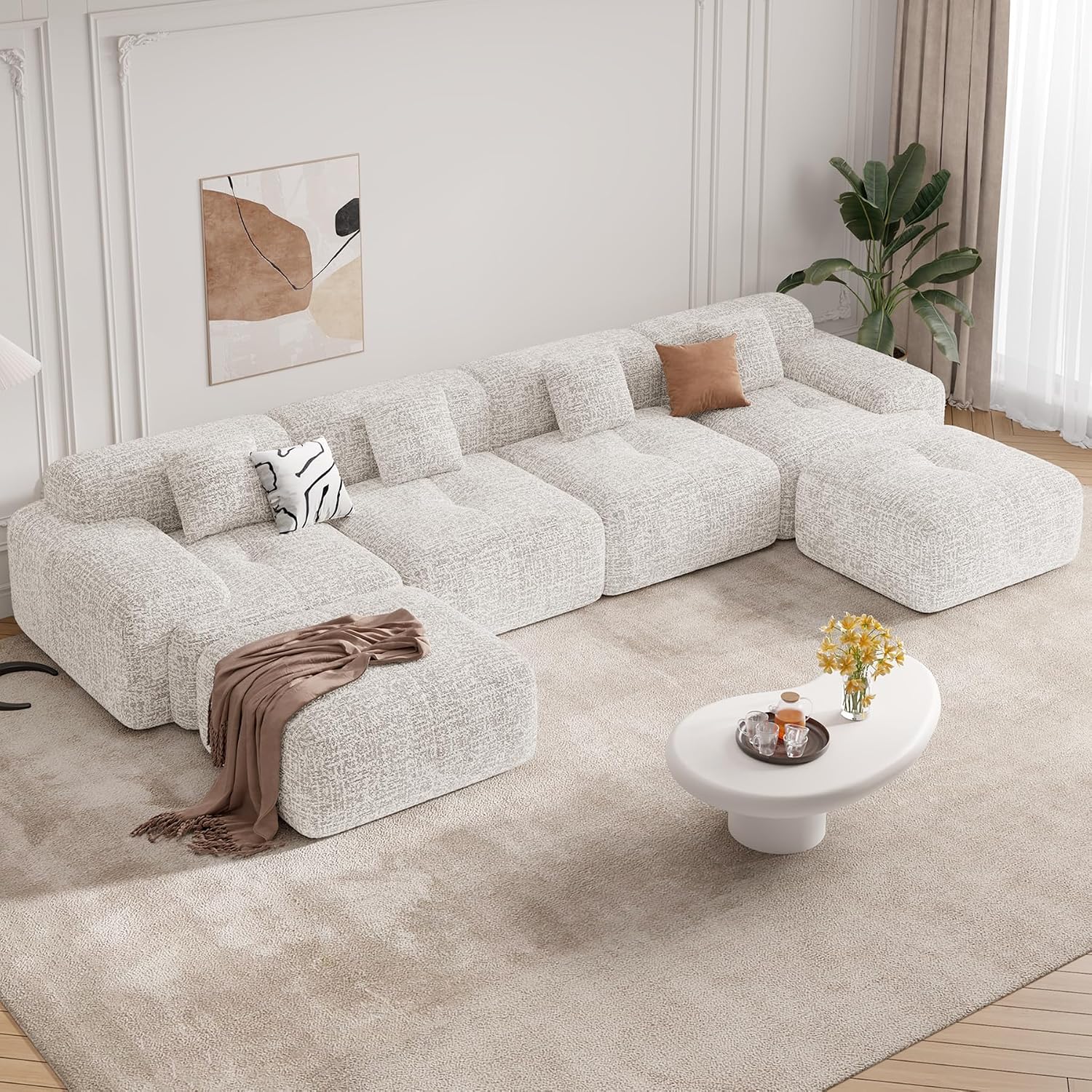 158' U Shaped Boneless Couches for Living Room, 6 Seater Modern Chenille Cloud Couch, Convertible Modular Sectional Sofa Set, No Assembly Required, Beige 1 PCS