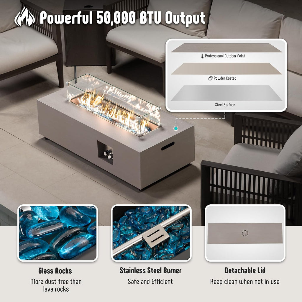 Werph 42'' Propane Fire Pit Table Set with Tank Holder, CSA Certifed 50,000 BTU Outdoor Firepit Table, Wind Guard & Glass Stones, Smoke-Free Rectangular Fire Table for Garden Porch Backyard