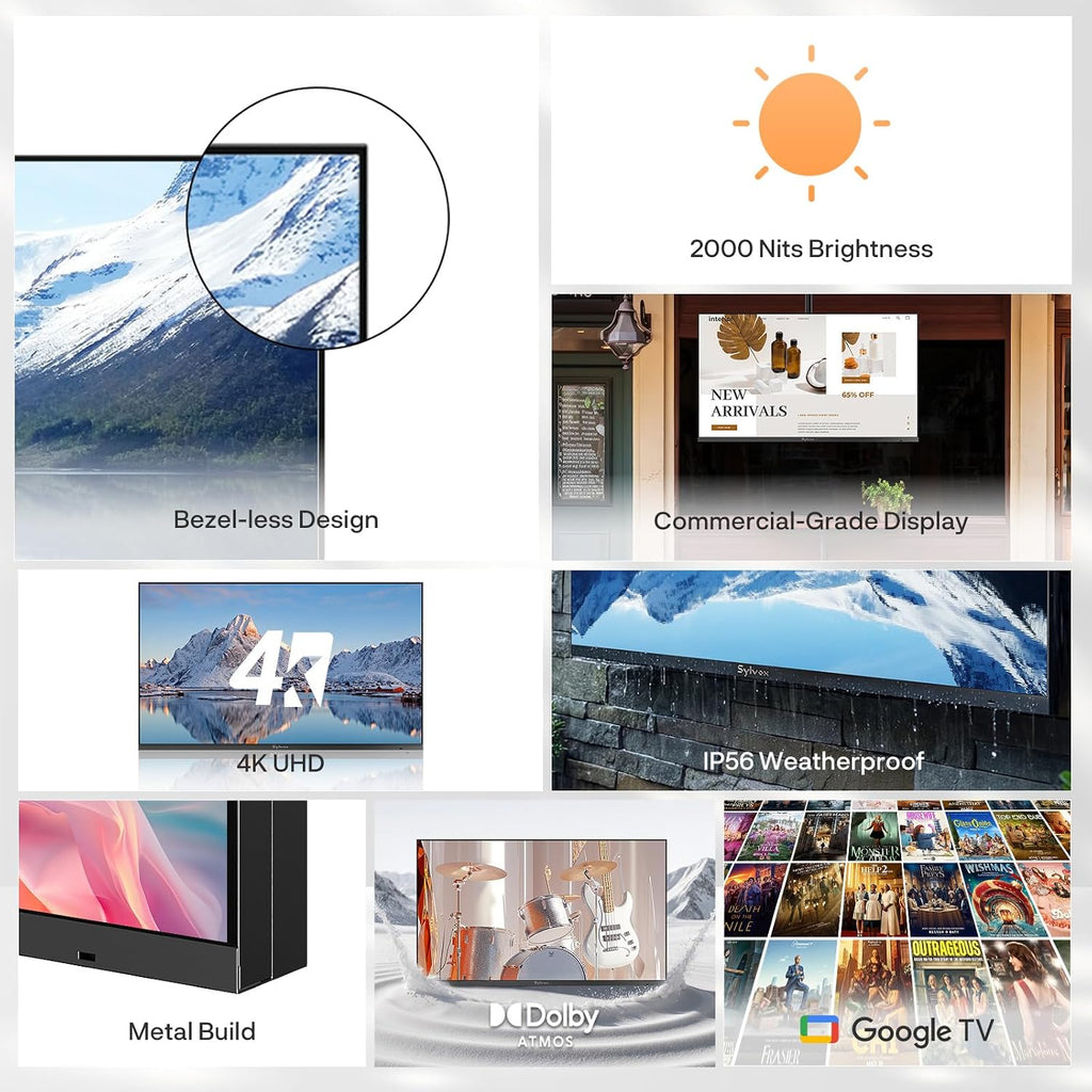SYLVOX Outdoor TV with Wall Mount, 43 inch Full Sun TV 2000 Nits, Ultra-Narrow Bezel, 4K Smart Google Television, IP56 Waterproof, Dual Speakers, for Poolside, Yard, Business (Frameless Pro Series)