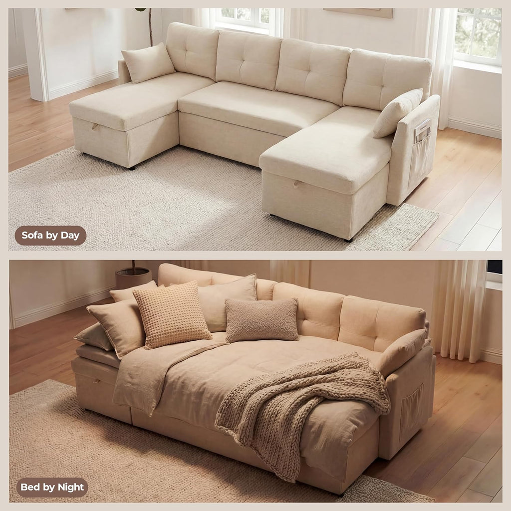 Huatean Home Oversized Sleeper Sofa Couch, 100 inch 2 in 1 Pullout Couch Bed with Side Pockets for Living Room, Sectional Sleeper Sofa Bed with Double Storage Chaise, Beige