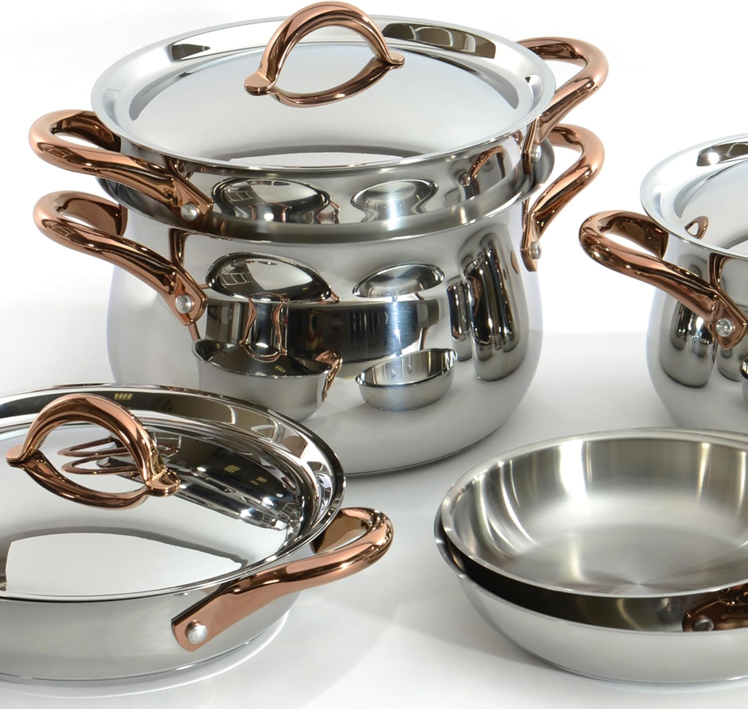 BergHOFF Ouro Gold 18/10 Stainless Steel 17Pc Cookware Set With Lids, 11Pc Induction Pots and Pans and 6Pc Bamboo Cooking Utensils Set PFOA-free, Rose Gold Handles