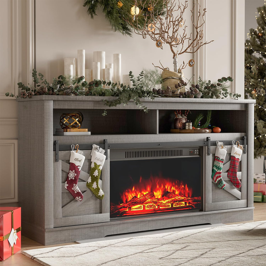 YESHOMY Fireplace TV Stand for Television up to 65+ Inch with Storage and Farmhouse Sliding Barn Doors, Entertainment Center with Cabinet and Shelves, Media Console for Living Room, Gray