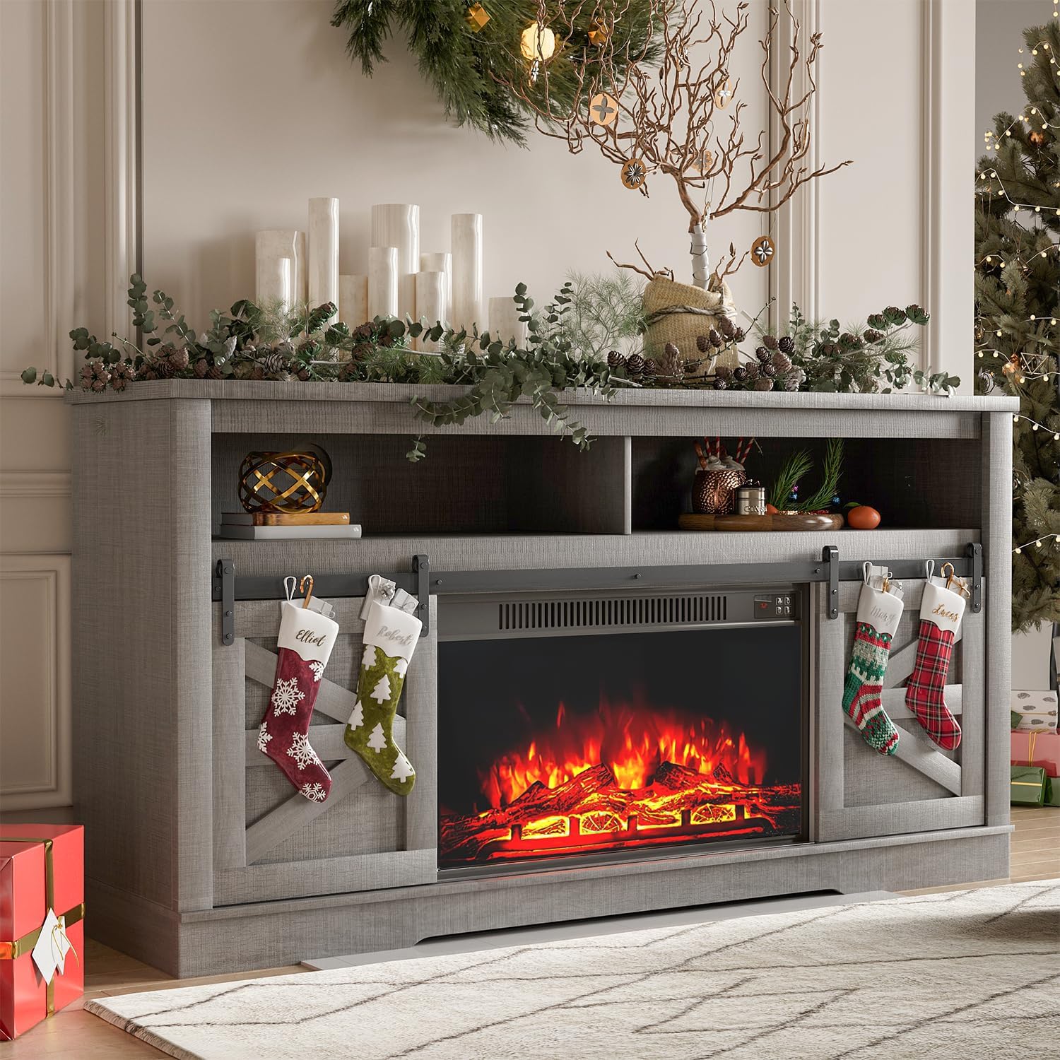 YESHOMY Fireplace TV Stand for Television up to 65+ Inch with Storage and Farmhouse Sliding Barn Doors, Entertainment Center with Cabinet and Shelves, Media Console for Living Room, Gray