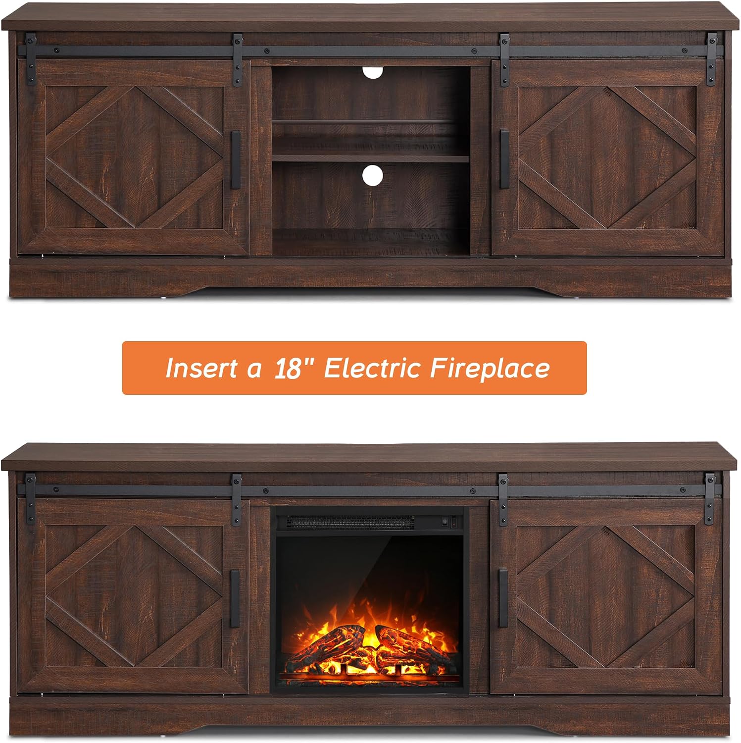 WAMPAT Modern Farmhouse TV Stand for TVs up to 75' with Sliding Barn Doors, 25.6' H Wood Entertainment Center with Adjustable Media Storage Shelf for Living Room, Dark Walnut Brown