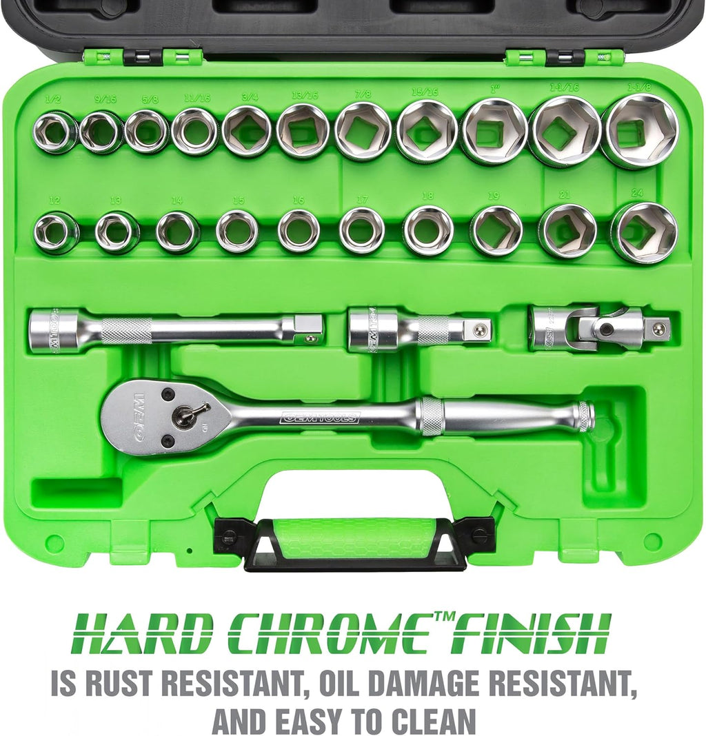 OEMTOOLS 23995 26 Piece 1/2 Inch Drive Ratchet and Socket Set, Socket and Wrench Set, Mechanic Tool Set, SAE and Metric Wrench and Socket Set