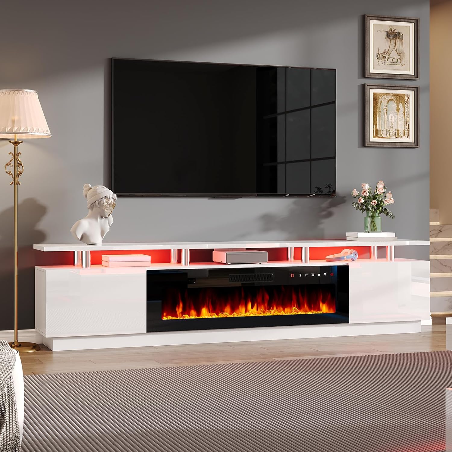 AMERLIFE 90' 2 Tier Fireplace TV Stand with 50' Fireplace, Modern Large Entertainment Center LED Lights, Media Console Table Storage Cabinets for TVs Up to 100', Living Room, White & Black