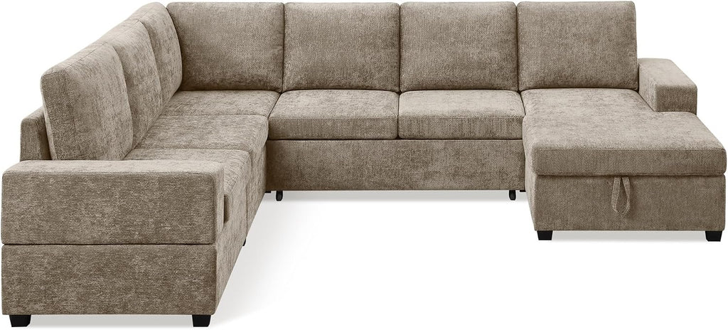 VANOMi 119 Inch Sectional Sleeper Sofa with Storage, 7 Seats Sofas & Couches with Pull Out Bed Chenille Modular Sectional Sofa for Living Room, Apartment, Camel | with Storage, with Pull Out Bed, with Chaise