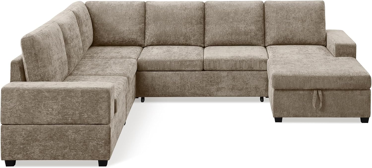 VANOMi 119 Inch Sectional Sleeper Sofa with Storage, 7 Seats Sofas & Couches with Pull Out Bed Chenille Modular Sectional Sofa for Living Room, Apartment, Camel | with Storage, with Pull Out Bed, with Chaise