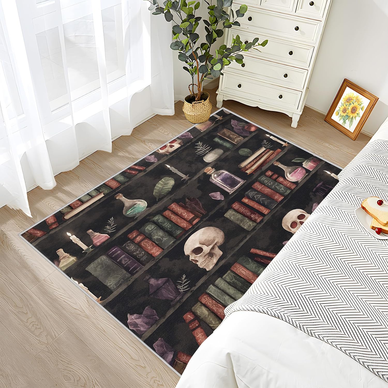 6x9 Rug Washable - Witchcraft Rug for Bedroom,Bookshelf Witch Skull Gothic Non Slip Low Pile Area Rugs for Living Room,Witchcraft Carpets Home Decor