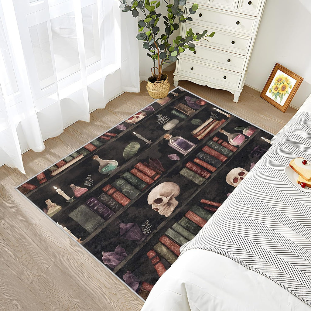 Witchcraft Large Rug - 7x9 Area Rug - Bookshelf Witch Skull Gothic Rugs for Living Room Non Slip Low Pile Machine Washable Dining Room Rugs,Witchcraft Carpet Home Decor