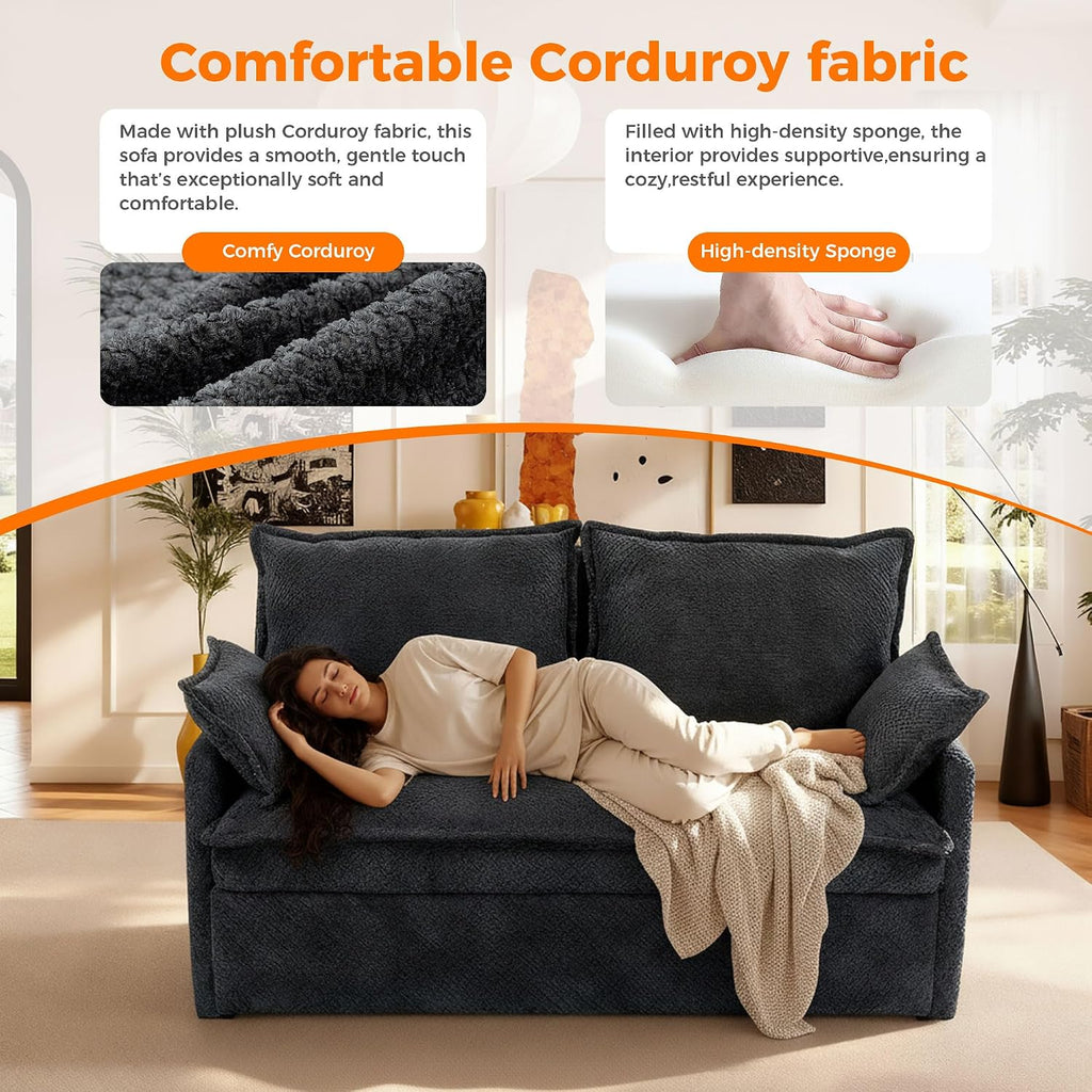 2 in 1 Queen Size Sofa Bed, 59.5' Convertible Sofa with USB/C-Type Ports, Corduroy Sleeper Sofa with Side Pockets, Loveseat Chaise for Small Spaces, Living Room & Bedroom (Grey)