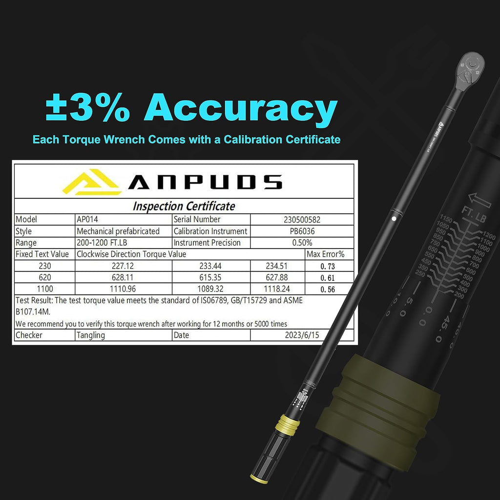 ANPUDS 1-Inch Drive Click Torque Wrench, 200-1200 Ft-Lb/271-1626 Nm with Dual-Direction, 48-Tooth, Dual Range Scales, Quick Release Reversible Head Torque Wrench for Car, Truck, Tractor