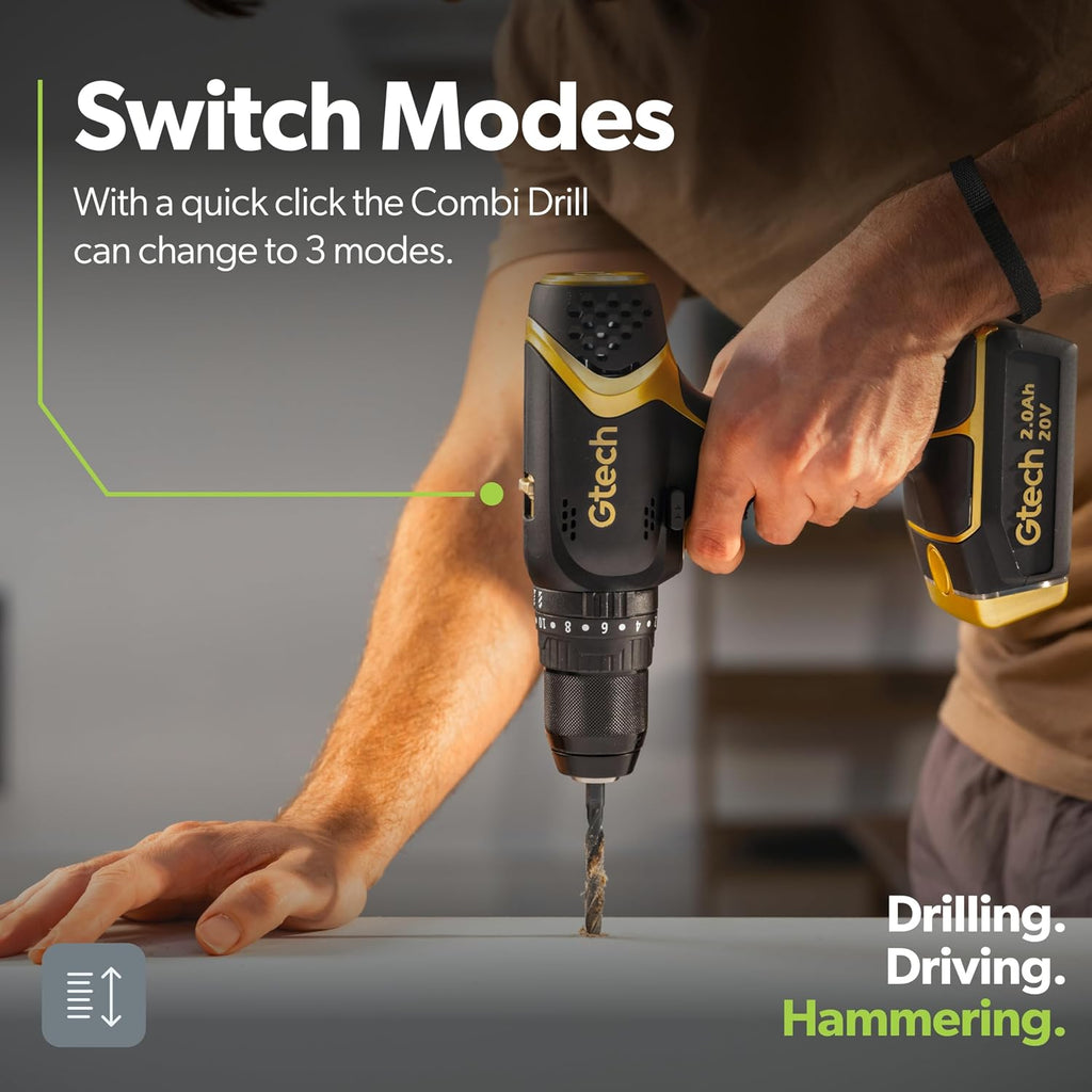 Gtech Combi Drill - Cordless Power Tool for DIY Projects, Home Tool Kit, and More - Includes Cordless Drill, Universal 20V Battery and Charger