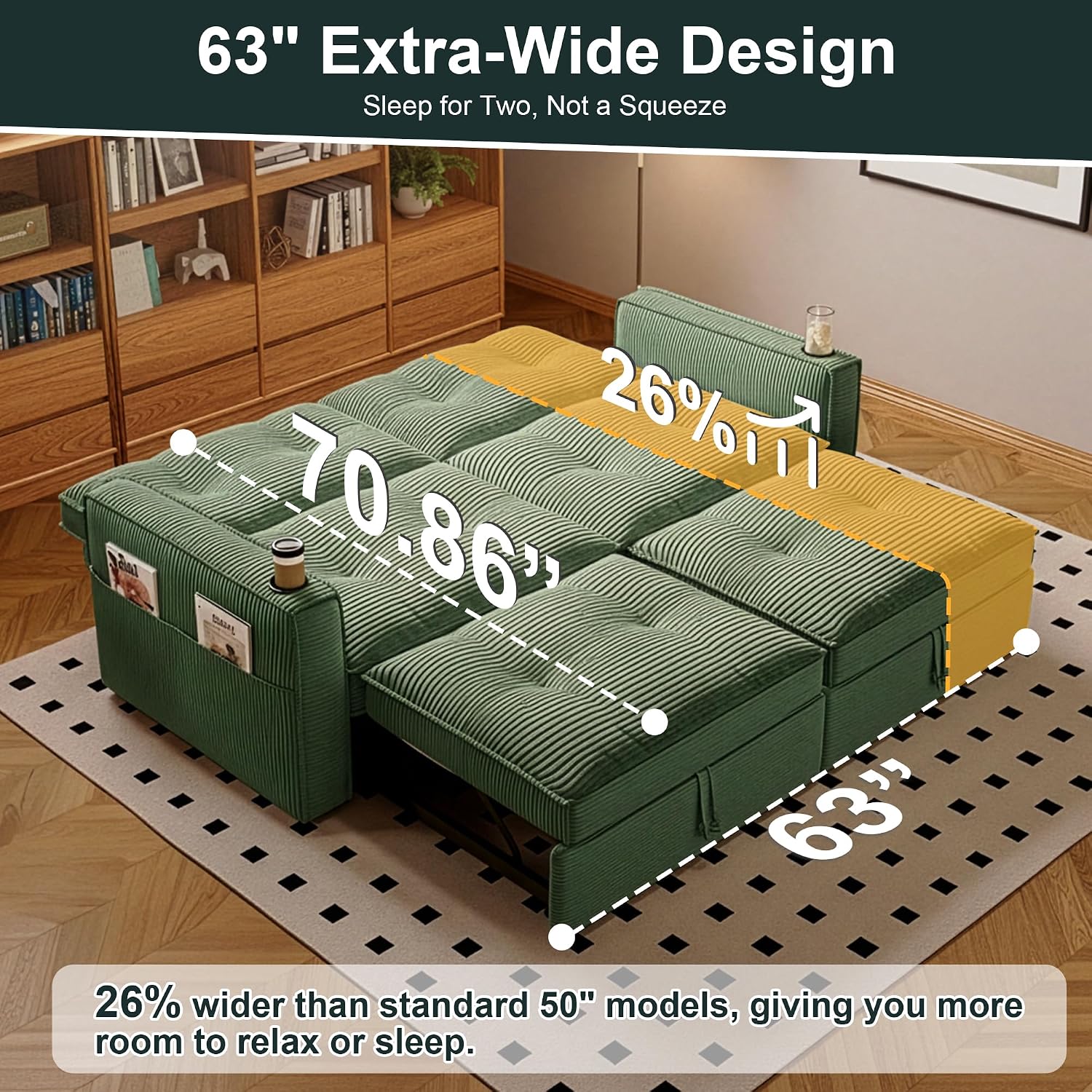 MAKIAAP Sleeper Sofa Bed, Queen Size Sofa Bed, Convertible Pull Out Couch with Adjustable Backrest, USB Port and Side Pockets, Modern 2 Seater Small Couches for Living Room, Space-Saving