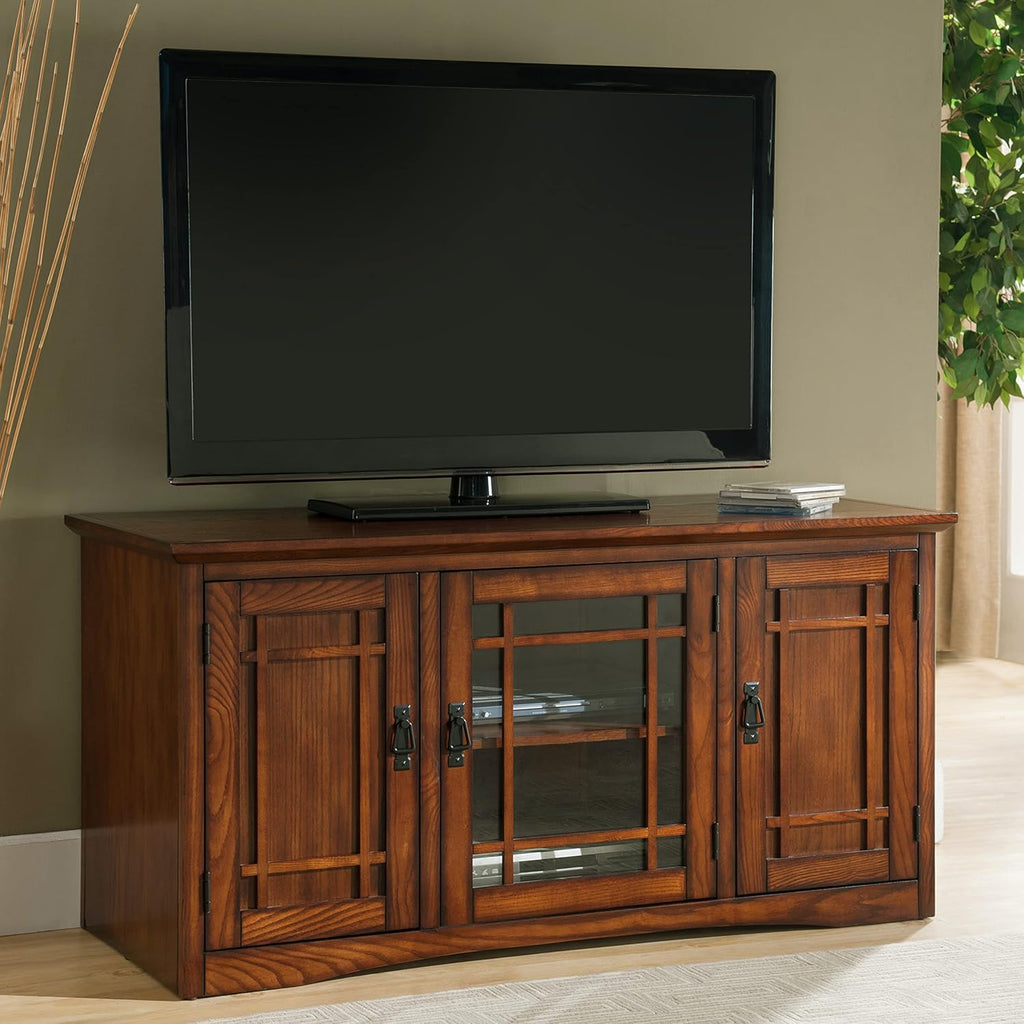 Leick Home 82350 Solid Wood Mission Oak Three Door TV Stand For 55' TVs Universal TV Console Living Room Storage Shelves Entertainment Center, Mission Oak