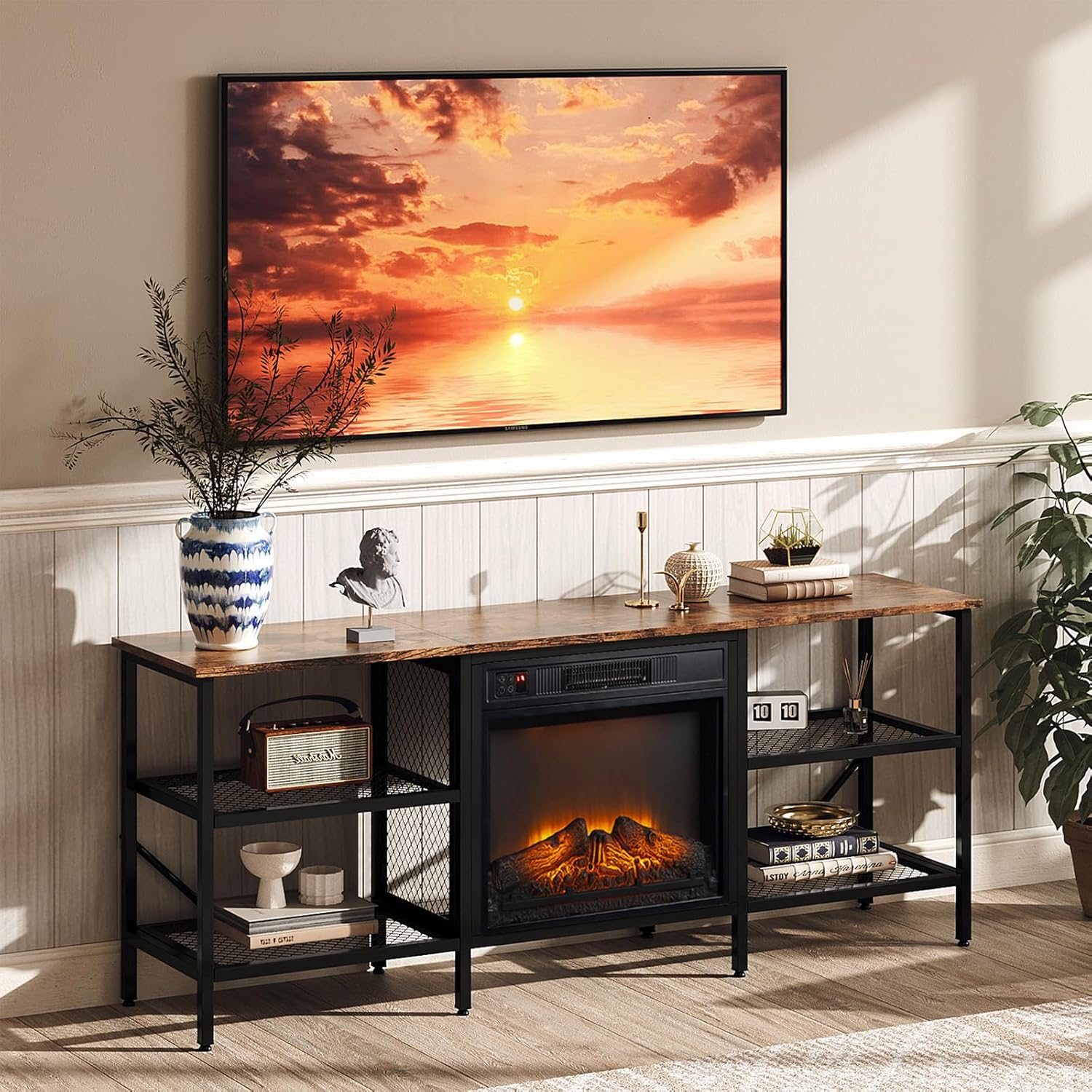 Bonnlo Industrial Fireplace TV Stand, 58' Entertainment Center with 18' Electric Fireplace Heater, TV Console with Open Metal Mesh Frame & Shelves up for 70 Inch TVs, Rustic Brown