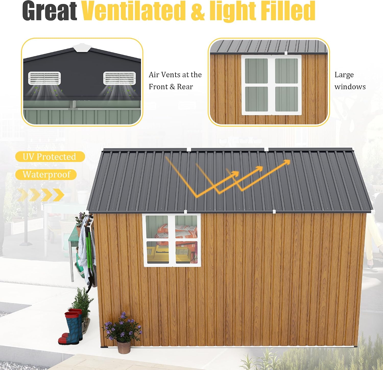 KEIKI 10x12 FT Outdoor Storage Shed, Extra Large Metal Shed with Lockable Doors, Windows, Outside Steel Tiny House Ideal for Garden, Backyard, Patio Utility, Tool Storage, Chicken Coops, Yellow