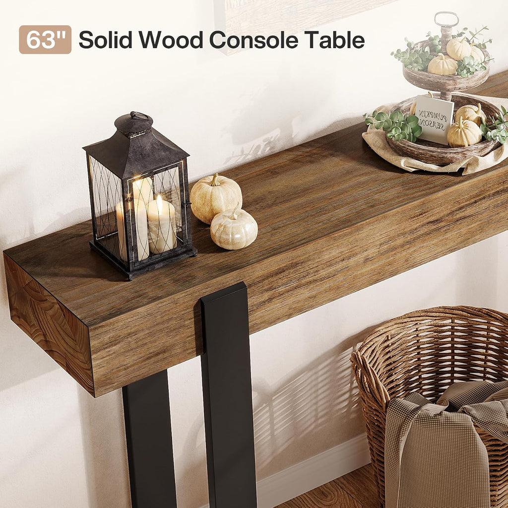 Tribesigns 63-Inch Long Console Table, Solid Wood Sofa Table Behind The Couch with Metal Support, Farmhouse Entryway Furniture for Entrance, Hallway, Living Room, Rustic Brown & Black
