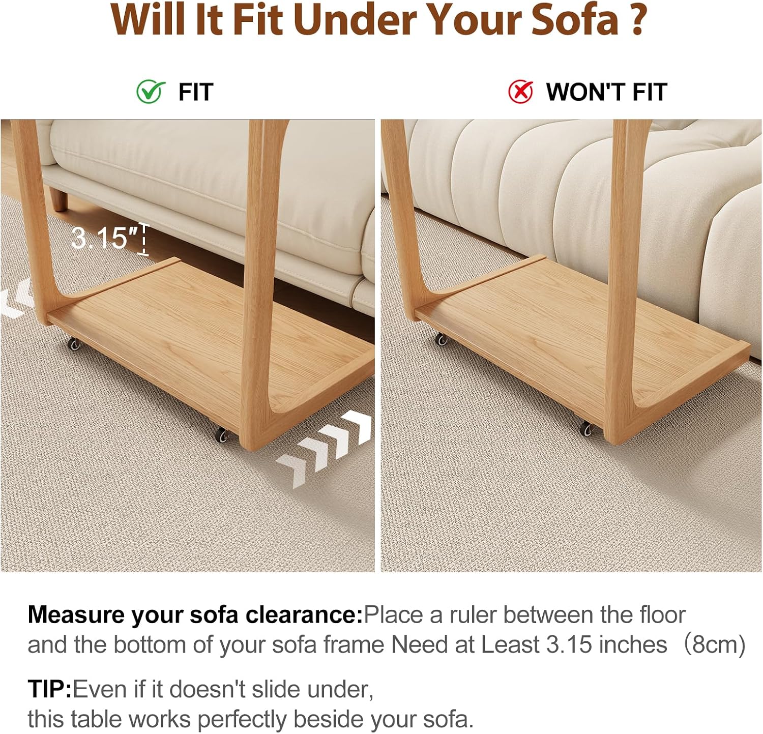 AQIMUELE Wooden C-Shaped End Table,Couch Table with Adjustable Desktop,Small Rolling Side Table with 2 Lockable Wheels 23.6' Width,Small End Table for Couch, Living Room,Bedroom (Natural)