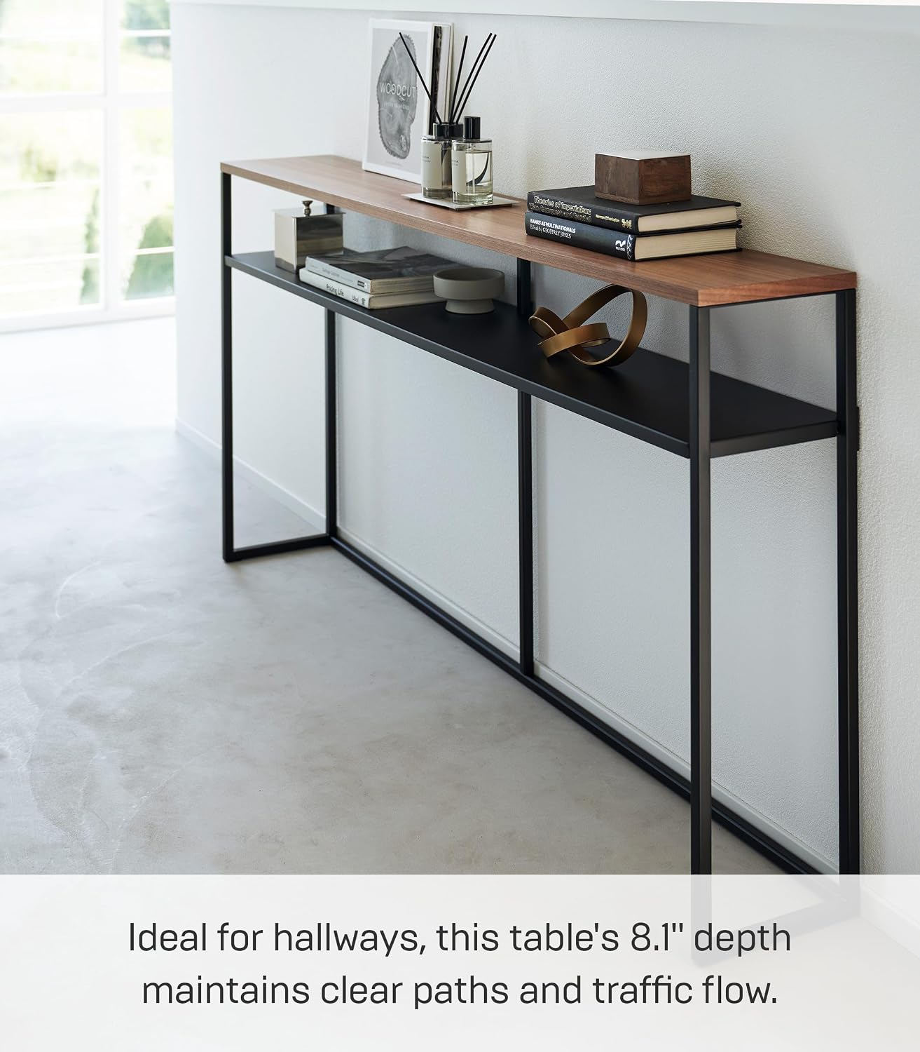 YAMAZAKI Home Tower Long Console Table for Entryway Or Hallways, Narrow Behnd Sofa Table with Wooden Top and Metal Shelf - Shelf, 26' - Steel