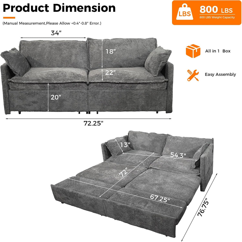 3 in 1 King Size Sofa Bed-73.6' Convertible Sofa Bed with USB/C-Type Charging Ports,Corduroy Sleeper Sofas with Side Pockets,Loveseat Chaise Lounge for Living Room,Bedroom,Apartments,Grey